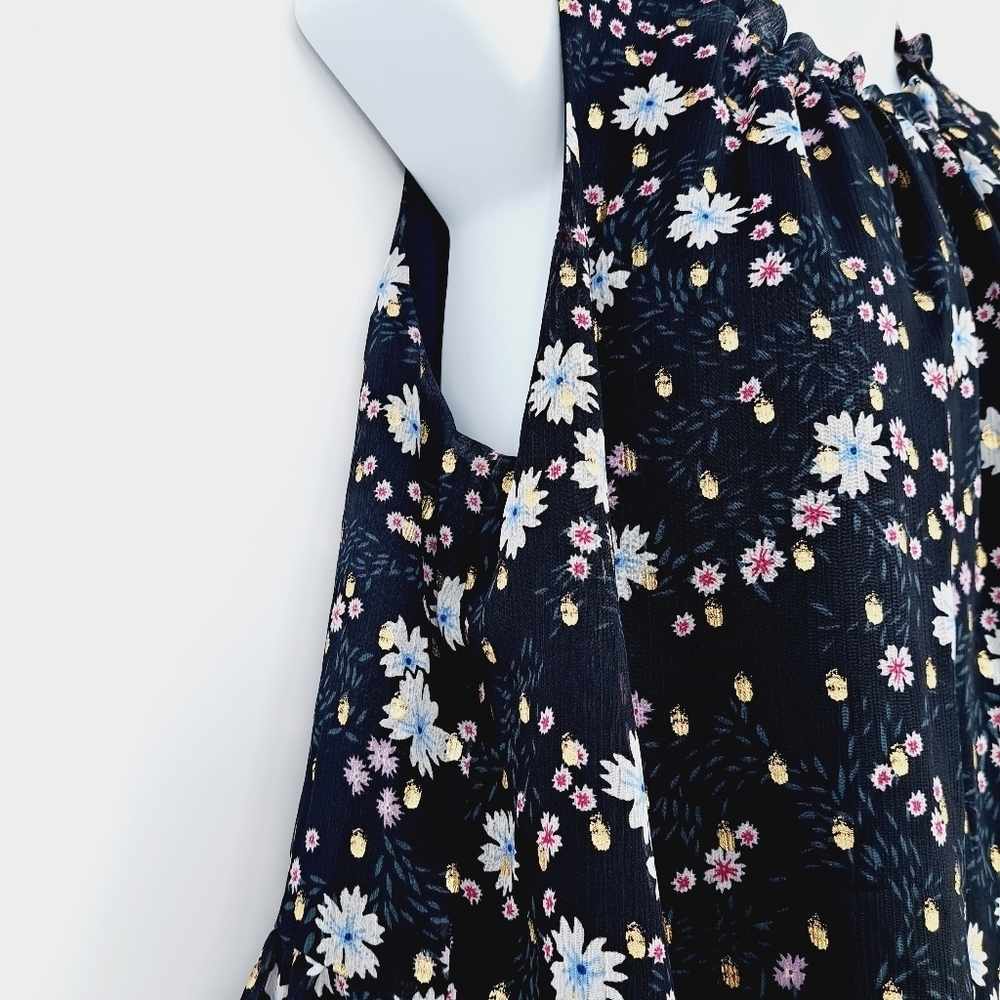 Loft Floral Tiered Chiffon‎ Metallic Dot Ruffle Neckline Flowy Blouse - Picture 4 of 9